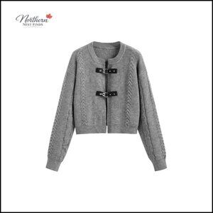 Knitted Crop Cardigan with Buckle Detail Long Sleeve Open Front Sweater